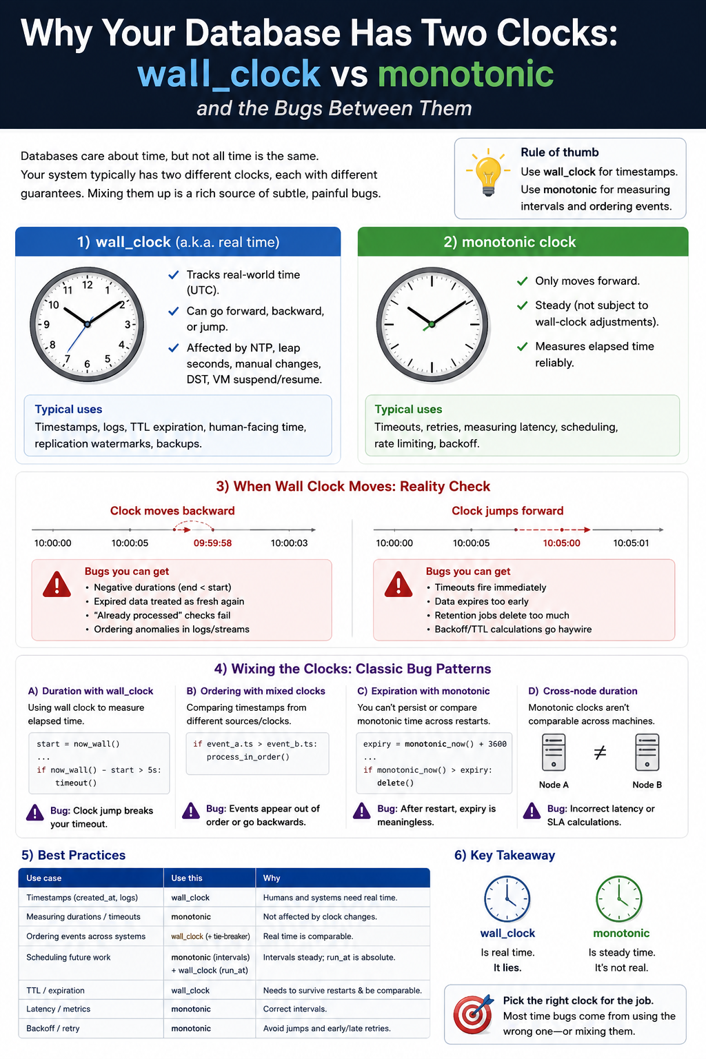 Why Your Database Has Two Clocks: wall_clock vs monotonic and the Bugs Between Them