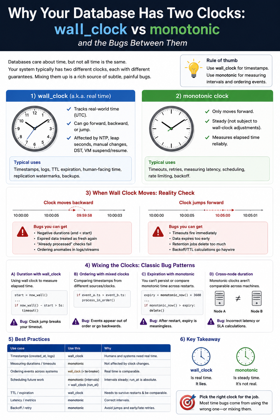 Why Your Database Has Two Clocks: wall_clock vs monotonic and the Bugs Between Them